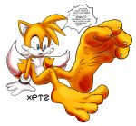  anthro barefoot canid canine claws clothing dialogue feet foot_focus foot_growth fox fur gloves handwear hi_res male mammal miles_prower multi_tail solo sonic_the_hedgehog_(series) text toe_claws toes white_body white_fur xptzstudios yellow_body yellow_fur 