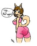  anthro big_breasts blue_eyes breasts brown_hair butt canid canine canis clothing colored domestic_dog feces female fpe hair low_res mammal scat soiling solo tight_clothing 