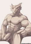  abs absurd_res anthro balls biceps dragon erection hi_res humanoid_penis looking_at_viewer male muscular muscular_male nude pecs penis shadow shiuk simple_background sitting solo teeth 