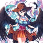  1girl absurdres bandana bangs bare_shoulders black_hair black_wings blue_shirt breasts brown_headwear brown_skirt cleavage commentary_request cowboy_hat cowboy_shot eyebrows_visible_through_hair feathered_wings feathers grin hair_between_eyes hat head_tilt highres kurokoma_saki long_hair looking_at_viewer medium_breasts miniskirt off-shoulder_shirt off_shoulder plaid plaid_skirt pleated_skirt puffy_short_sleeves puffy_sleeves red_eyes shirt short_sleeves skirt skirt_hold smile solo standing thighs touhou wings yamanakaume 