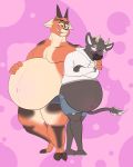  anthro belly big_belly both_pregnant bottomwear bovid bovine caprine cattle clothing digitigrade duo goat hi_res hoodie hooves horn jackaltums male male_pregnancy mammal plantigrade pregnant shorts sleepdrifter standing topwear xkwebster 