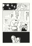  4girls ? alice_margatroid capelet doujinshi flandre_scarlet greyscale hat headband highres izayoi_sakuya megumiya mob_cap monochrome multiple_girls remilia_scarlet short_hair speech_bubble tagme touhou translated wings yuri 