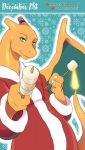  2019 azzilan blue_background blue_eyes bodypaint charizard christmas claws clothed clothing coat cooking english_text fire food fuzzy hi_res holidays horn male marchmallows matemi nintendo pok&eacute;mon pok&eacute;mon_(species) semi-anthro simple_background snow snowflake stick text topwear video_games wings 