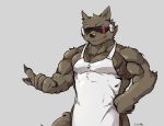  2015 5_fingers abs anthro apron biceps black_nose canid canine canis claws clothing eyewear fingers fur glasses grey_background male mammal muscular muscular_anthro muscular_male pecs pose simple_background smile solo standing sunglasses waddledox war_wolf wolf 