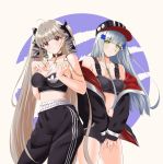  2girls adidas ahoge azur_lane bangs bare_shoulders between_breasts blunt_bangs blush breasts chaesu chain cleavage collarbone crossover earrings eyebrows_visible_through_hair facial_mark formidable_(azur_lane) girls_frontline green_eyes hair_ornament hair_ribbon hat highres hk416_(girls_frontline) jacket jewelry large_breasts light_brown_hair long_hair looking_at_viewer medium_breasts multiple_girls o-ring open_clothes open_jacket pants parted_lips red_eyes ribbon silver_hair sports_bra sportswear teardrop thighs twintails two-tone_ribbon very_long_hair 