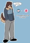  anthro bottomwear canid canine canis clothing domestic_dog footwear hi_res hoodie male male_pregnancy mammal pants plantigrade pregnant randomgirl1265 shoes solo speech_bubble standing text tim topwear 