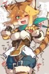  2019 5_fingers absurd_res anthro armor bodily_fluids breasts clothed clothing disembodied_hand drooling felid female fingers green_eyes hair hi_res japanese_text kemono ksyaro long_hair mammal medium_breasts neckerchief one_eye_closed open_mouth open_smile pantherine pawpads saliva smile solo tears text tickling tiger 