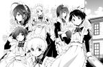  6+girls alternate_costume apron black_hair commentary_request enmaided flower greyscale hatsuzuki_(kantai_collection) kantai_collection long_hair looking_at_viewer maid maid_apron matsukaze_(kantai_collection) mogami_(kantai_collection) monochrome multiple_girls odawara_hakone satsuki_(kantai_collection) shigure_(kantai_collection) short_hair trait_connection twintails z1_leberecht_maass_(kantai_collection) 