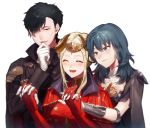  1boy 2girls absurdres black_hair blonde_hair blue_eyes blue_hair byleth_(fire_emblem) byleth_(fire_emblem)_(female) closed_eyes closed_mouth edelgard_von_hresvelg fire_emblem fire_emblem:_three_houses gloves hair_over_one_eye headpiece highres holding_hands horns hubert_von_vestra ichimonjikun2 long_sleeves medium_hair multiple_girls open_mouth short_hair simple_background upper_body white_background white_gloves 