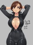  1girl agawa_ryou arms_behind_head belt black_bodysuit bodysuit breasts brown_eyes brown_hair bursting_breasts catsuit center_opening cleavage commentary covered_nipples dated english_commentary full-length_zipper grey_background high_collar latex_bodysuit looking_at_viewer no_bra original partially_unzipped simple_background solo zipper 