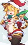  2019 5_fingers absurd_res anthro bikini breasts christmas cleavage clothed clothing felid female fingers green_eyes hair hi_res holidays kemono ksyaro long_hair mammal medium_breasts one_eye_closed open_mouth open_smile pantherine smile solo swimwear tiger 