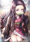  1girl asa_no_ha_(pattern) bamboo bit_gag black_hair box breasts breath checkered_obi forehead full_body gag hair_ribbon haori japanese_clothes kamado_nezuko kimetsu_no_yaiba kimono long_hair long_sleeves looking_at_viewer luffy123 multicolored_hair nail_polish obi outdoors pink_eyes pink_kimono pink_nails red_hair ribbon sash sitting slit_pupils small_breasts snow solo straight_hair thighs tree two-tone_hair wariza wide_sleeves 