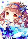  1girl blue_bow blue_capelet blue_flower blue_hairband blush bow brown_eyes brown_hair capelet center_frills commentary crescent crown flower frills fur-trimmed_capelet fur_trim hair_flower hair_ornament hairband hand_up higanbana_no_saku_yoru_ni highres kusunoki_midori long_hair looking_at_viewer mini_crown parted_lips sakurazawa_izumi solo sparkle star star_in_eye symbol_commentary symbol_in_eye tears tilted_headwear upper_body white_background white_flower wrist_cuffs 
