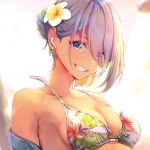  +15 1girl bangs bare_shoulders bikini blue_eyes blush breasts character_request cleavage collarbone copyright_request earphones earrings floral_print flower grin hair_bun hair_flower hair_ornament hair_over_one_eye hairclip highres jewelry large_breasts lavender_hair looking_at_viewer off_shoulder print_bikini smile solo swimsuit upper_body wet white_bikini 