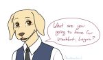  2019 ? anthro atwotonedbird beastars bird_dog brown_eyes canid canine canis clothed clothing comic dialogue domestic_dog english_text fur humor hunting_dog jack_(beastars) labrador looking_at_viewer male mammal meme necktie retriever shirt simple_background solo tan_body tan_fur text topwear white_background 