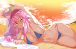 1girl alternate_costume animal_ear_fluff animal_ears armpits backlighting bare_shoulders bikini blue_bikini blush breasts cleavage cloud cloudy_sky collarbone commentary_request evening eyebrows_visible_through_hair fate/grand_order fate_(series) fox_ears fox_girl groin hair_between_eyes highres large_breasts long_hair looking_at_viewer lying messy_hair micro_bikini navel no_tail ocean on_side one_eye_closed open_mouth pink_hair pouty_lips side-tie_bikini sky solo stomach swimsuit symbol_commentary tamamo_(fate)_(all) tamamo_no_mae_(fate) tamamo_no_mae_(swimsuit_lancer)_(fate) thighs towel underboob water wrist_cuffs yellow_eyes yuruto 