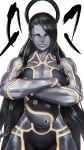  absurdres black_hair bluecup breasts cleavage crossed_arms evil_smile highres long_hair looking_at_viewer markings seth_(street_fighter) smile street_fighter street_fighter_v upper_body very_long_hair yellow_eyes yin_yang 