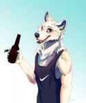  2015 anthro arctic_fox beer_bottle black_nose bottle canid canine cheek_tuft claws clothed clothing facial_tuft fangs fluffy fox fur gradient_background head_tuft hi_res holding_bottle holding_object male mammal neck_tuft open_mouth open_smile shirt simple_background smile snowfoxatheart solo tank_top topwear tuft white_body white_fur 