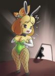  aeonspassed animal_crossing black_sclera breasts bunny_costume canid canine canis cleavage clothed clothing costume domestic_dog fake_ears fake_rabbit_ears fishnet hi_res holding_breast isabelle_(animal_crossing) looking_back mammal nintendo silhouette surprise video_games villager_(animal_crossing) 