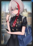  1girl admiral_graf_spee_(azur_lane) admiral_graf_spee_(maiden&#039;s_sunday)_(azur_lane) azur_lane bag bangs black_dress blue_eyes blurry blurry_background breasts bugles cellphone closed_mouth collared_dress depth_of_field dress eyebrows_visible_through_hair food grey_hair hair_between_eyes holding holding_cellphone holding_food holding_phone looking_at_viewer multicolored_hair necktie oshishio phone red_hair red_neckwear school_bag short_necktie short_sleeves small_breasts solo streaked_hair translation_request upper_body 