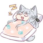  1girl ak-12_(girls_frontline) animal_ears chibi closed_eyes futon girls_frontline head lowres lying open_mouth paw_print pillow silver_hair sleeping solo tail under_covers white_background wolf_ears wolf_tail yuutama2804 zzz 