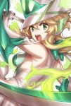  1girl akatsuki_kirika blonde_hair breasts elbow_gloves gloves glowing glowing_hair green_eyes medium_breasts murakami_hisashi portrait scythe senki_zesshou_symphogear x-drive_(symphogear) 