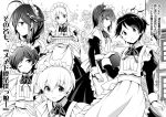  6+girls alternate_costume apron black_hair flower hatsuzuki_(kantai_collection) kantai_collection long_hair maid maid_apron matsukaze_(kantai_collection) mogami_(kantai_collection) monochrome multiple_girls odawara_hakone satsuki_(kantai_collection) shigure_(kantai_collection) short_hair tomboy twintails z1_leberecht_maass_(kantai_collection) 