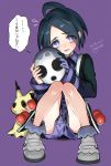  1boy ahoge black_hair blue_eyes blush gloves gym_leader highres looking_at_viewer male_focus mask mimikyu mole mole_under_mouth morino_bambi onion_(pokemon) open_mouth poke_ball poke_ball_(generic) pokemon pokemon_(game) pokemon_swsh short_hair shorts simple_background single_glove solo suspender_shorts suspenders 