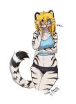  anthro black_clothing black_panties black_underwear blonde_hair blush clothing crop_top f-r95 felid female fur hair mammal pantherine panties shirt siberian_tiger smile smilek_(character) solo text tiger topwear underwear white_body white_fur 