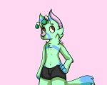  2019 5:4 alien_(electricblueruby) antennae_(anatomy) blue_body blue_fur blue_markings brown_eyes bulge canid canine canis clothing cub digital_media_(artwork) domestic_dog electricblueruby fur green_body green_fur male mammal markings no_shirt simple_background standing underwear watermark young 