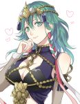  1girl braid breasts byleth_(fire_emblem) byleth_(fire_emblem)_(female) cleavage closed_mouth cosplay fire_emblem fire_emblem:_three_houses green_eyes green_hair hair_ornament medium_hair shinkanoshin simple_background smile solo sothis_(fire_emblem) sothis_(fire_emblem)_(cosplay) tiara twin_braids upper_body white_background 