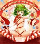  1girl blush bowl breasts christmas convenient_censoring curly_hair egg food fruit green_eyes green_hair highres looking_at_viewer naked_ribbon navel nude one-punch_man red_ribbon ribbon sereneandsilent shiny shiny_hair shiny_skin short_hair sitting small_breasts solo spread_legs strawberry striped striped_legwear tatsumaki thighhighs 