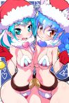  2girls aqua_eyes aqua_hair asymmetrical_docking bikini blue_hair blush breast_press breasts cat_girl christmas hagoromo_lala highres large_breasts long_hair looking_at_viewer multiple_girls navel precure red_bikini ryuuta_(cure_ryuuta) shiny shiny_hair shiny_skin short_hair standing star star-shaped_pupils star_in_eye star_twinkle_precure swimsuit symbol-shaped_pupils symbol_in_eye yellow_eyes yuni_(precure) 