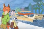  ambiguous_gender anthro backpack boat bottomwear buckteeth building canid canine city clothed clothing cloud detailed_background dipstick_ears disney duo_focus fox fully_clothed fur green_eyes grey_body grey_fur group hi_res inner_ear_fluff jacket judy_hopps lagomorph leporid mammal mountain multicolored_ears neck_tuft nick_wilde open_mouth open_smile orange_body orange_fur outside pants purple_eyes rabbit red_fox robcivecat sky smile teeth topwear tree tuft vehicle water zootopia 