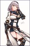  1girl absurdres armor belt belt_buckle black_armor black_gloves black_panties blue_collar braid breastplate breasts buckle buttons choumi_wuti_(xueye_fanmang_zhong) circlet cleavage cleavage_cutout collar fingerless_gloves from_below gloves gold_trim green_eyes highres holding holding_weapon hololive large_breasts mace medium_hair mole mole_on_breast panties shirogane_noel shoulder_armor signature thighhighs thighs underwear virtual_youtuber weapon white_background white_hair wrist_guards zettai_ryouiki 