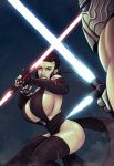  1boy 1girl absurdres black_lipstick breasts dark_persona devilhs double-blade duel energy_sword eyebrow_piercing highres kylo_ren large_breasts lightsaber lipstick makeup mask nose_piercing pale_skin piercing red_eyes rey_(star_wars) scowl sideboob sith star_wars sword weapon 