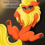  1:1 anus chest_tuft digitigrade eeveelution female feral flareon fur looking_at_viewer nintendo orange_body orange_fur paws pok&eacute;mon pok&eacute;mon_(species) presenting pussy simple_background solo steel_redemption submissive submissive_female text tuft video_games yellow_body yellow_fur 