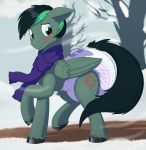  2019 black_mane black_tail bunnykisses cutie_mark diaper equid equine fan_character feral fur furgonomics green_mane hi_res hooves mammal mane my_little_pony outside pterippus scarf snow solo tree wings 