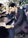  1boy beard black_hair blurry blurry_background chair computer contemporary day facial_hair formal golden_kamuy highres indoors karin_nishipa laptop long_sleeves male_focus necktie ogata_hyakunosuke paper photo_background red_neckwear scar sitting solo suit table watch window wristwatch 