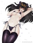  1girl :p arm_behind_head armpits artist_name bangs black_hair blunt_bangs blush bra breasts circlet fire_emblem fire_emblem_awakening flower garter_straps hair_flower hair_ornament koshio large_breasts long_hair looking_at_viewer lying navel on_back open_mouth panties purple_bra purple_eyes purple_flower purple_legwear purple_panties purple_rose rose side-tie_panties smile solo stomach sweat tharja thighhighs thighs tongue tongue_out two_side_up underboob underwear 