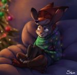  anthro barefoot bottomwear buckteeth canid canine christmas christmas_tree claws clothed clothing dipstick_ears disney duo eyes_closed fox fully_clothed fur furniture grey_body grey_fur hi_res holidays inside judy_hopps lagomorph leporid light lighting mammal multicolored_ears neck_tuft nick_wilde on_lap open_mouth open_smile orange_body orange_fur pants pink_nose purple_eyes rabbit red_fox s1m sitting_on_lap smile sofa sweater teeth toe_claws topwear tree tuft zootopia 