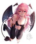  1girl all_fours arm_warmers black_bra black_legwear blush bra breasts cleavage dated demon_girl demon_tail demon_wings full_body hair_wings highres large_breasts long_hair michiru_donut original pink_hair purple_eyes signature simple_background solo succubus tail thighhighs underwear white_background wings 