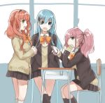  3girls :d alternate_costume aqua_hair atlanta_(kantai_collection) black_legwear black_skirt blue_eyes brown_hairband brown_jacket cardigan cellphone chair cowboy_shot de_ruyter_(kantai_collection) desk earrings hairband holding holding_phone jacket jewelry kantai_collection kneehighs long_hair looking_at_another looking_at_viewer mitsuyo_(mituyo324) multiple_girls open_mouth phone pink_hair pleated_skirt red_hair remodel_(kantai_collection) school_uniform sitting skirt sleeves_past_wrists smartphone smile standing star star_earrings suzuya_(kantai_collection) twintails white_legwear 