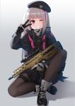  1girl bangs beret black_legwear commentary eyebrows_visible_through_hair girls_frontline gloves grey_hair gun hand_up hat highres holding holding_gun holding_weapon kurisu-kun long_hair looking_at_viewer mdr_(girls_frontline) multicolored_hair one_eye_closed one_side_up pantyhose parted_lips pink_eyes revision shadow solo streaked_hair tactical_clothes weapon 