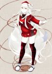  1girl absurdres aircraft_carrier_hime alternate_costume black_nails christmas full_body hat highres jacket kantai_collection long_hair long_sleeves miniskirt one_side_up pleated_skirt red_eyes red_jacket red_legwear red_skirt santa_costume santa_hat shinkaisei-kan skirt solo striped striped_legwear thighhighs velchi very_long_hair white_footwear white_hair white_skin 