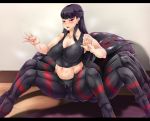  arachne black_hair black_shirt black_shorts extra_eyes half_updo indoors insect_girl jorouyome-chan long_hair looking_at_viewer monster_girl multiple_legs nipples original outstretched_arms parted_lips puffy_nipples shadow shirt shorts spider_girl steam sweat yu02j0 