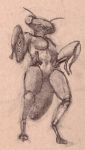  antennae_(anatomy) anthro arthropod breasts claws dethmas featureless_breasts female hi_res insect low-angle_view mandibles mantis monochrome nude solo traditional_media_(artwork) 