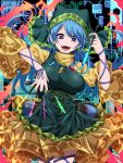  +_+ 1girl :d apron bangs blue_hair breasts chisel commentary_request cowboy_shot dress earrings green_apron hand_up haniyasushin_keiki head_scarf highres holding jewelry juliet_sleeves large_breasts long_hair long_sleeves looking_at_viewer magatama magatama_necklace nail_polish necklace open_mouth puffy_sleeves purple_eyes purple_nails rihito_(usazukin) smile solo standing touhou wide_sleeves yellow_dress 