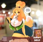  2019 5_fingers animal_crossing anthro bell big_breasts blonde_hair blurred_background bottomwear breasts canid canine canis clothed clothing cup desk dialogue dipstick_tail domestic_dog english_text ezukapizumu female fingers furniture hair holding_object isabelle_(animal_crossing) mammal multicolored_tail nintendo photo shih_tzu shirt skirt solo speech_bubble talking_to_viewer text thick_thighs topwear toy_dog video_games 