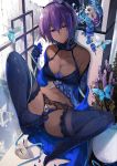  1girl bare_shoulders blue_bra blue_butterfly blue_panties bra breasts bug butterfly cleavage dark_skin elbow_gloves fate/grand_order fate/prototype fate/prototype:_fragments_of_blue_and_silver fate_(series) flower gloves hair_between_eyes hassan_of_serenity_(fate) hirai_yuzuki insect lace lace-trimmed_bra lace-trimmed_legwear lace-trimmed_panties lingerie looking_at_viewer mask mask_removed medium_breasts no_shoes panties purple_eyes purple_hair short_hair solo thighhighs underwear 